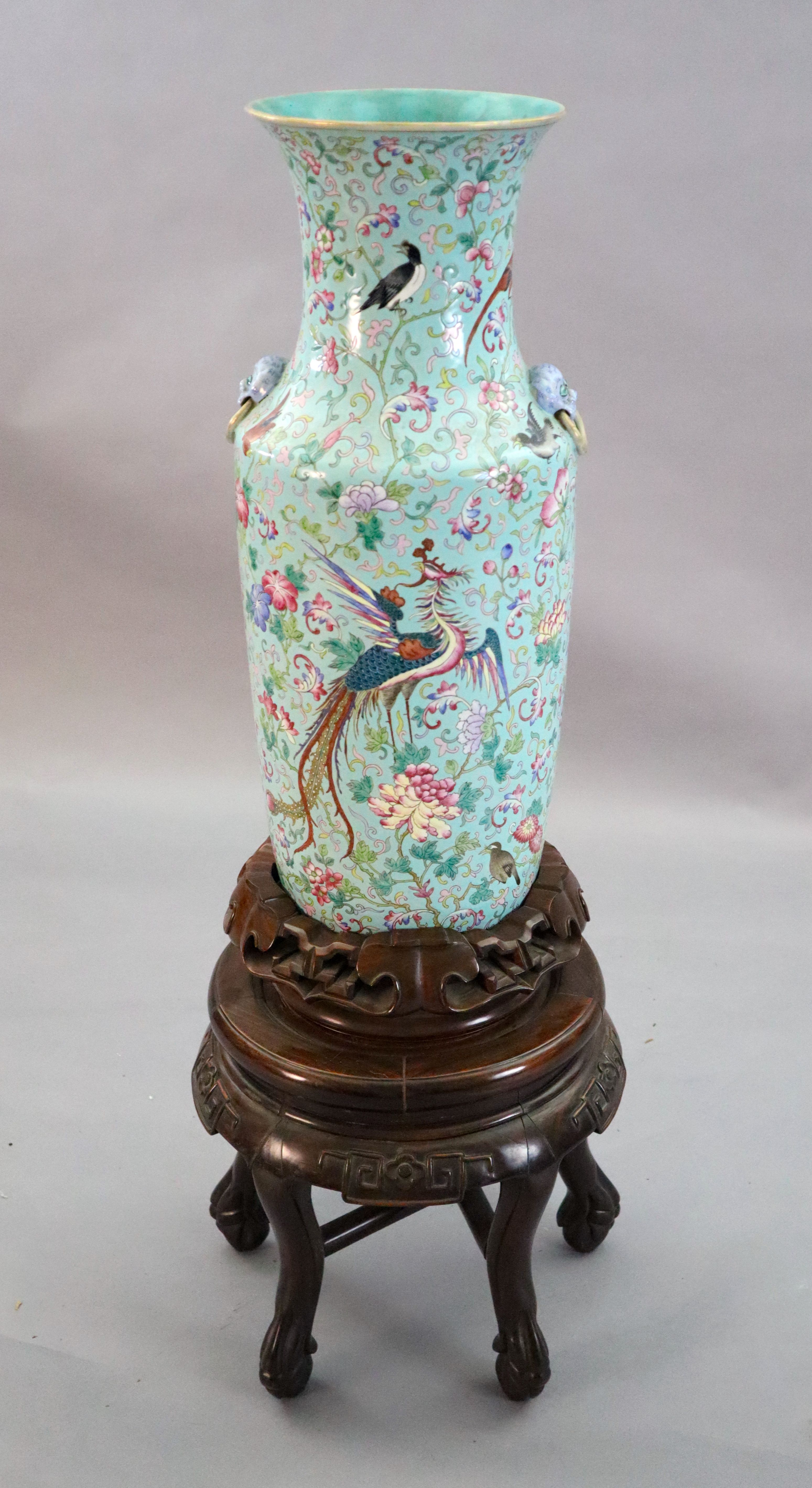 A large Chinese famille rose turquoise ground baluster vase, first half 19th century, total height 99cm